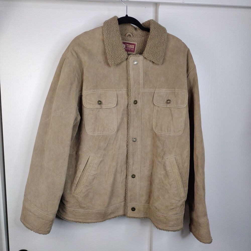 VTG Wilsons Sherpa Lined Leather Suede Barn Coat Jacket Men's Size XL Beige Tan